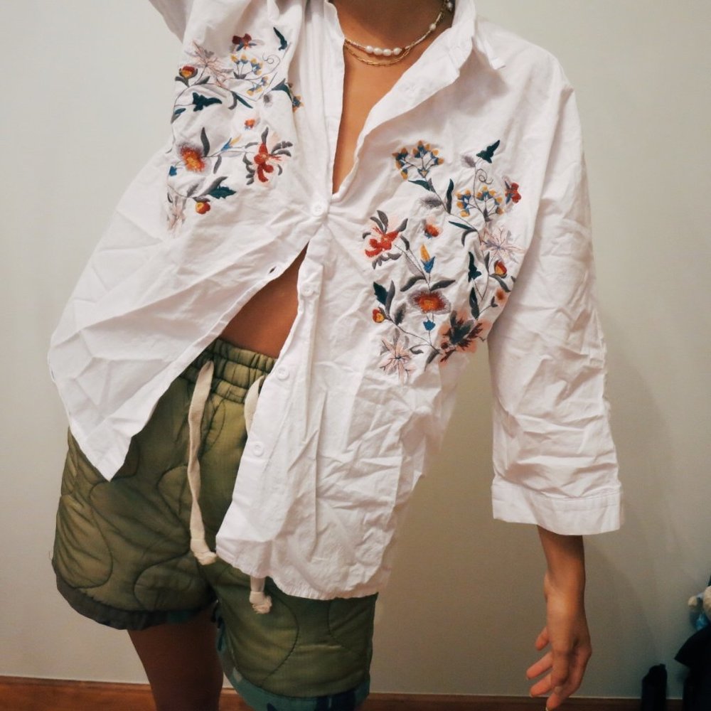 Floral Embroidered Button Down Shirt
